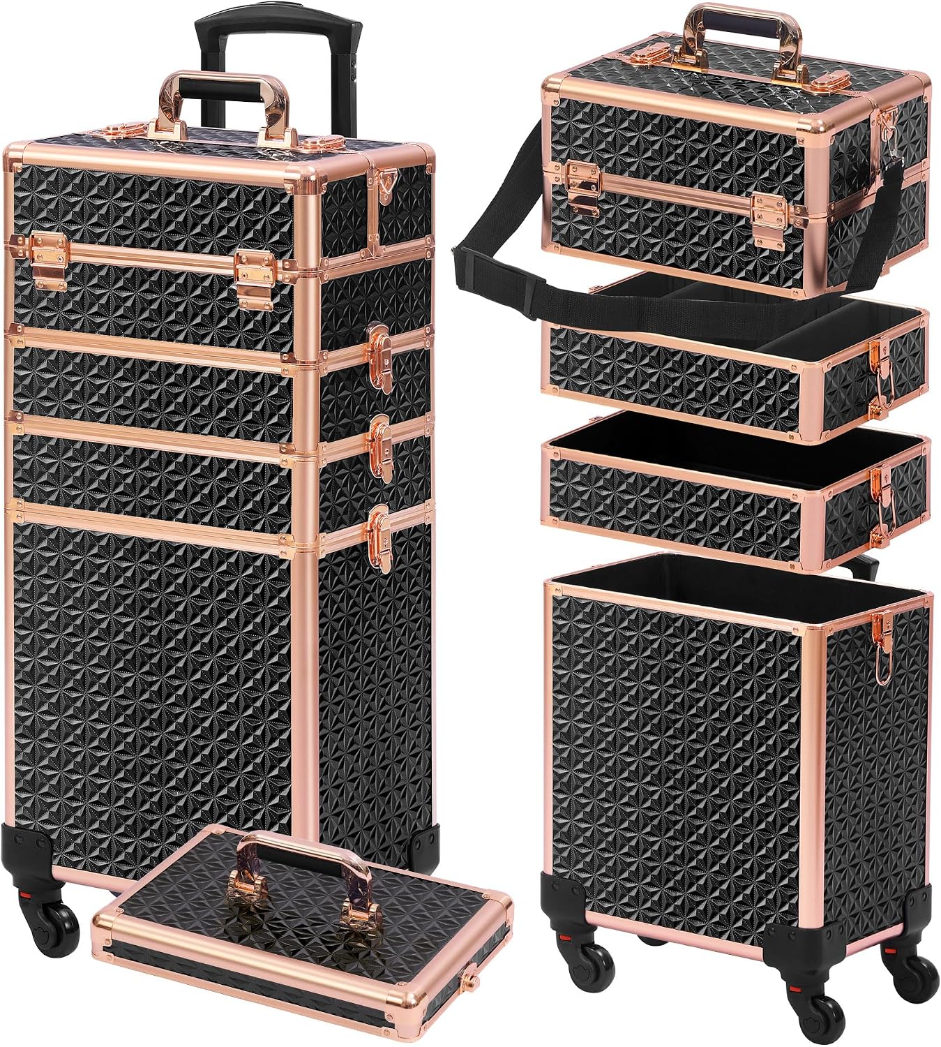 Makeup - ブラックゴールド 5-in-1 ローリングメイクアップトレインケース（蓋付き）、大型プロフェッショナルホイール付きコスメティックオーガナイザー、サロン・バーバー向けポータブルコスメティックトロリーケース、ホリデーギフトオプション