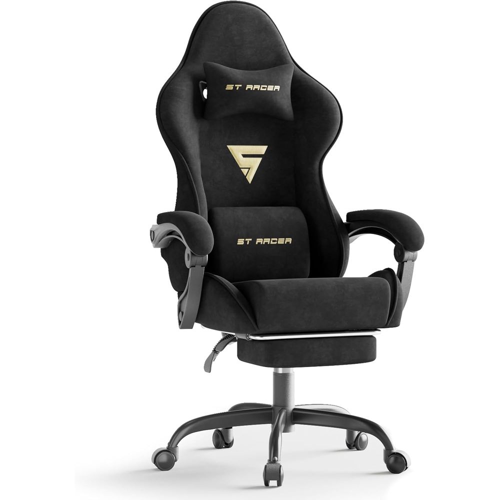 Massage - ベルベット生地のエルゴノミクスゲーミングチェア、フットレストとマッサージ機能付き、ハイバックリクライニングコンピューターゲーマーチェア（大人用）、レーシングスタイルPCチェア