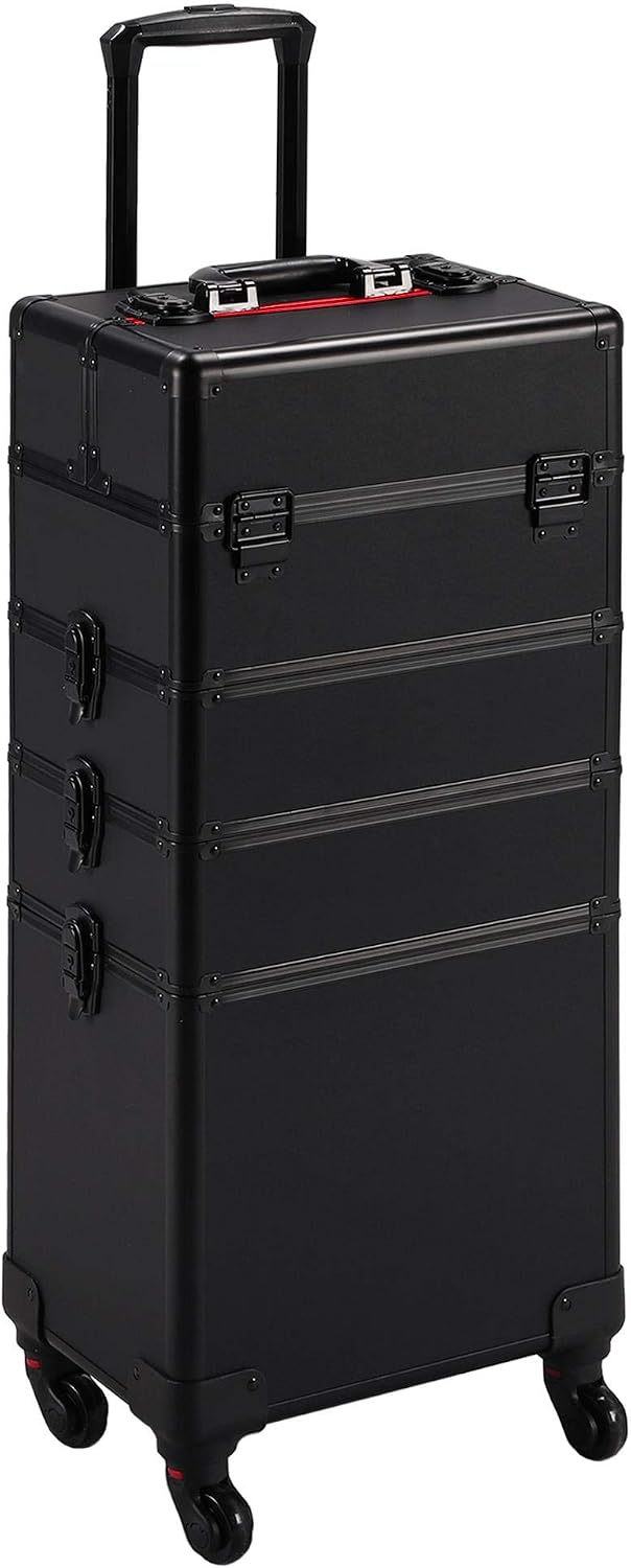 Makeup - ブラック4-in-1ロック式ローリングメイクアップトレインケース、ホイール付き美容収納カート、サロン・理髪店向け大型ポータブルコスメティックオーガナイザー