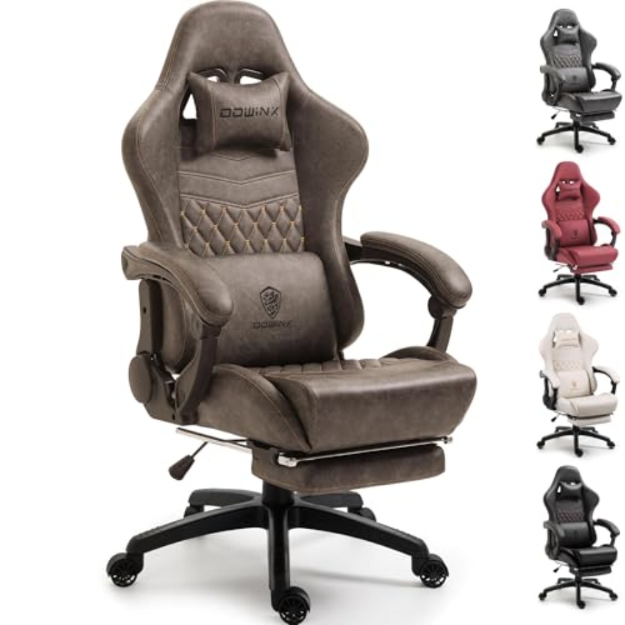 Massage - 大人のための大型・高背タイプのヴィンテージゲーミングチェア：頑丈なスチールフレーム、ブラックPUレザー、人間工学に基づいた設計で、マッサージ機能付きの腰部サポートとフットレストを搭載。