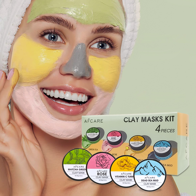 Green Tea Cleansing Clay Mask - 4個入りフェイスマスクセット（ウコンクレイ、ビタミンC、緑茶、ローズ、死海の泥配合）-スキンケア、ディープクレンジング＆リファイニングマスク