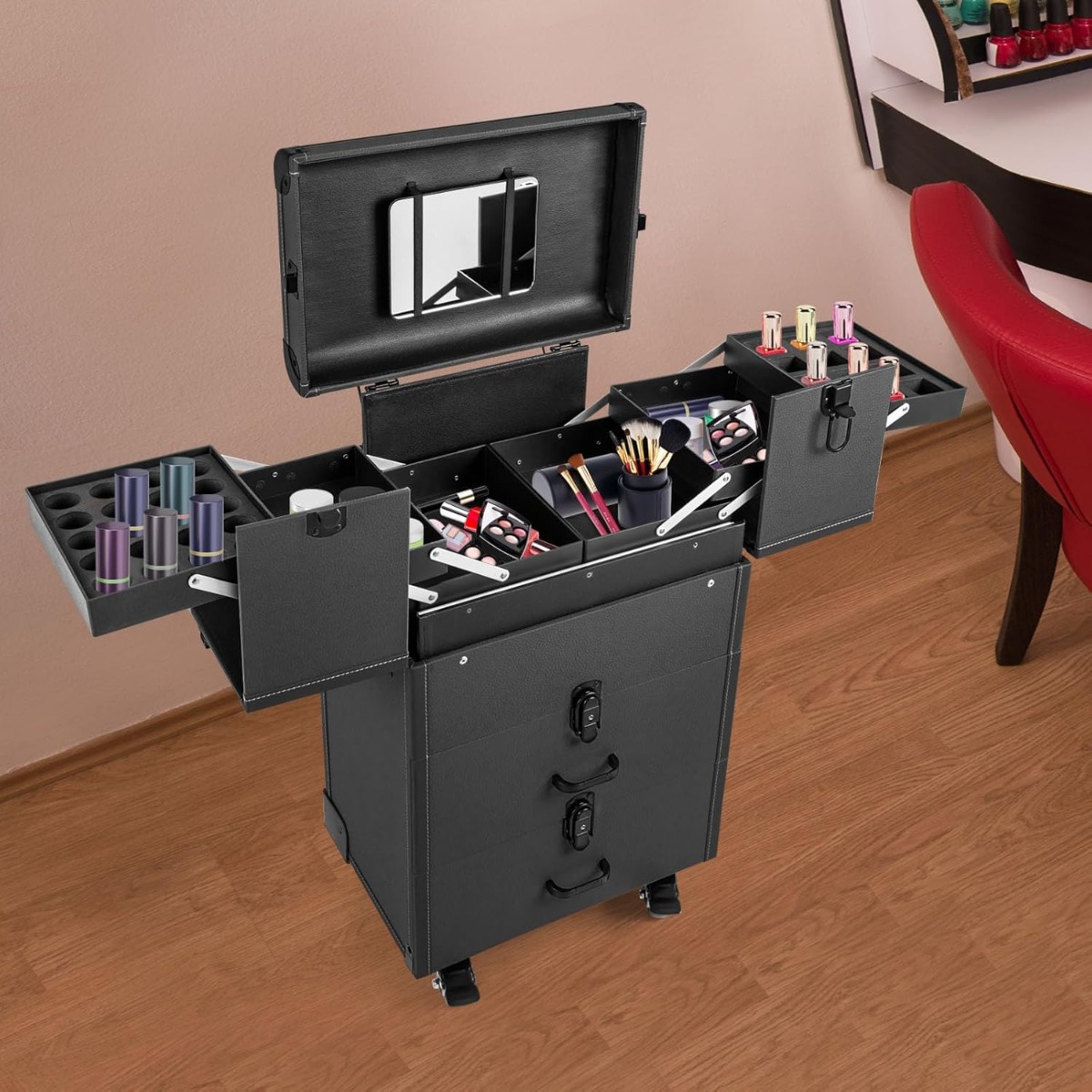 プロ用ローリングメイクアップケース、大容量化粧品トレインケー - Makeup のレビューと価格