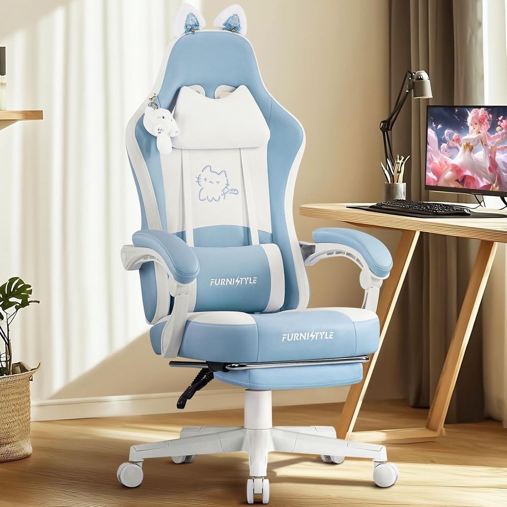 人間工学に基づいた青/白のゲーミングチェア、腰椎サポートとマ - Massage のレビューと価格